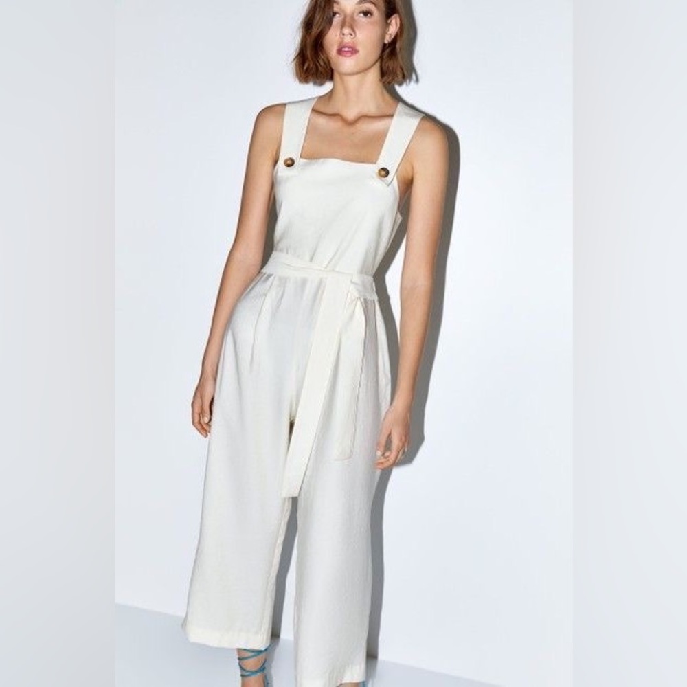 Zara Basic Cream Flowy Apron Pant Jumpsuit